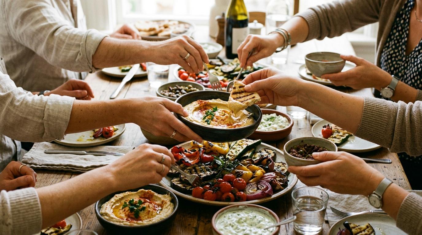 Manos pasándose platos para compartir con verduras a la plancha, hummus y tzatziki en una mesa