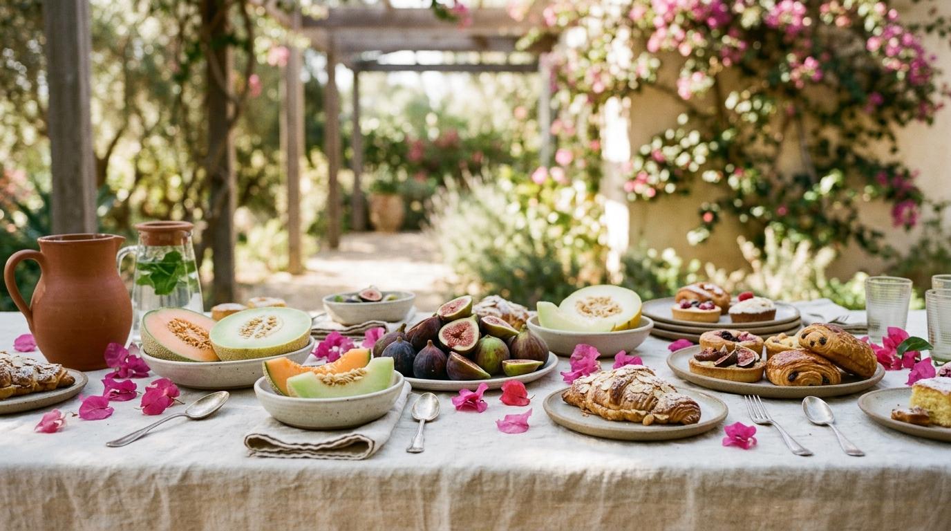 Mesa de postres con melón, higos, cruasanes y pasteles decorada con pétalos de buganvilla