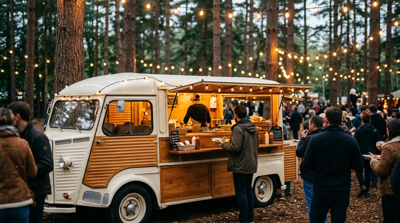 Furgoneta vintage de food truck sirviendo comida entre pinos con luces de guirnalda y gente esperando
