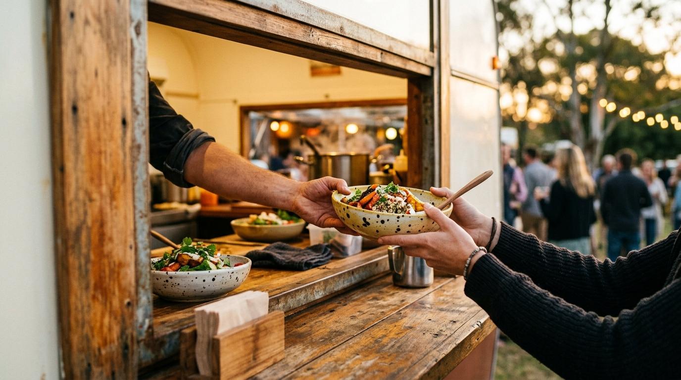 Manos entregando un bol de comida por la ventanilla de una food truck en un evento al aire libre