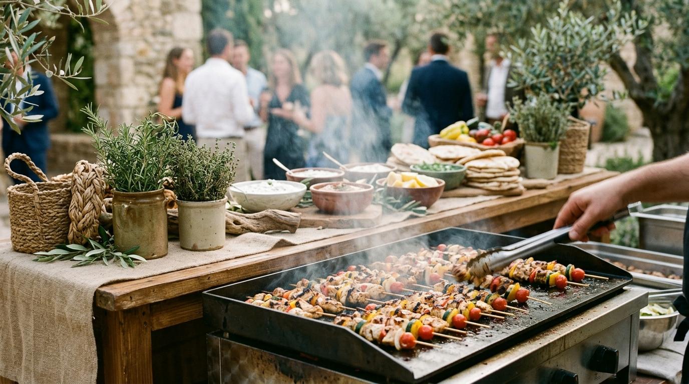 Brochetas a la plancha con verduras junto a panes y salsas, invitados desenfocados al fondo