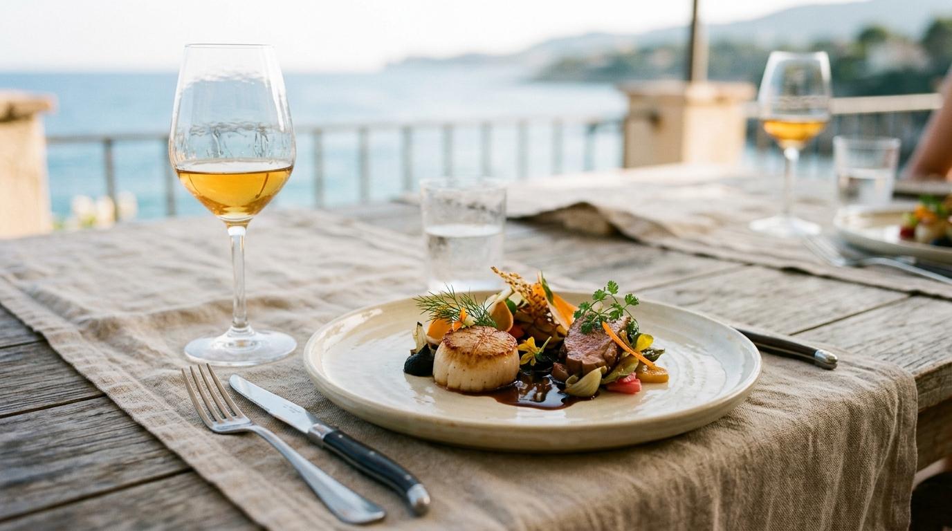 Plato de alta cocina con vieira dorada, carne y verduras en una mesa de terraza con vistas al mar