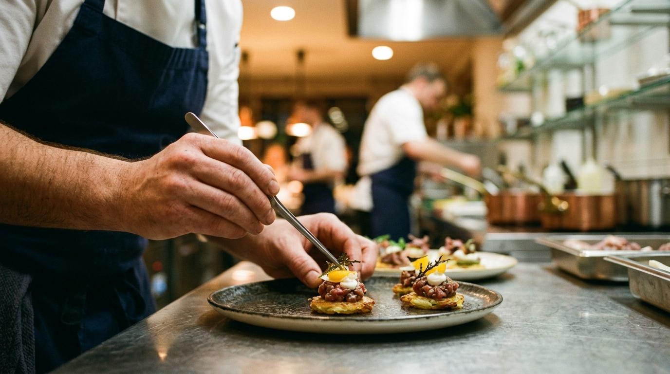 Cocinero con pinzas terminando canapés de tartar sobre patata en un plato oscuro, cocina al fondo