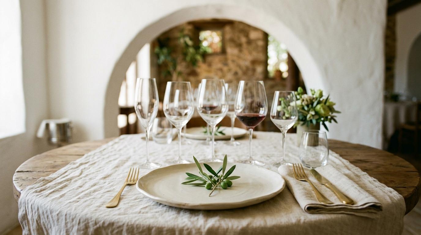 Mesa con copas para maridaje de vinos y un plato con una ramita de olivo bajo un arco encalado