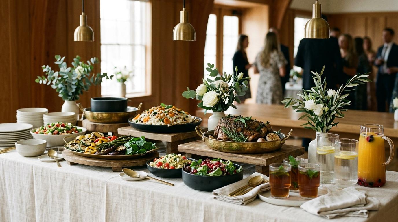 Bufé de celebración con cordero asado, arroz, verduras a la brasa y ensaladas sobre mantel de lino, con té helado y zumo
