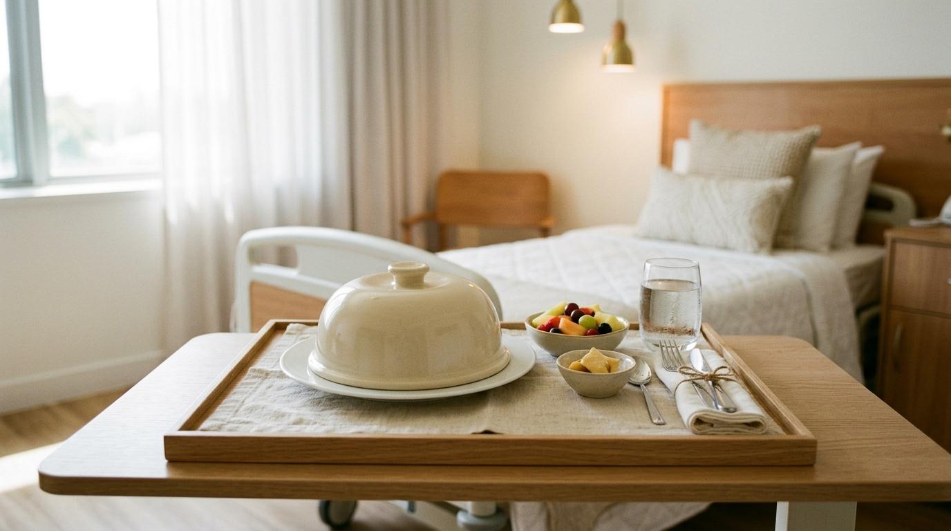 Bandeja de comida con cloche de cerámica, fruta y agua junto a una cama de hospital, luz suave de ventana