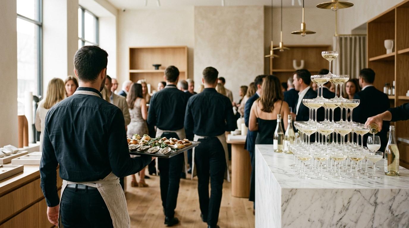 Camareros de espaldas con bandejas de canapés cruzando un local recién abierto, con una torre de copas de cava