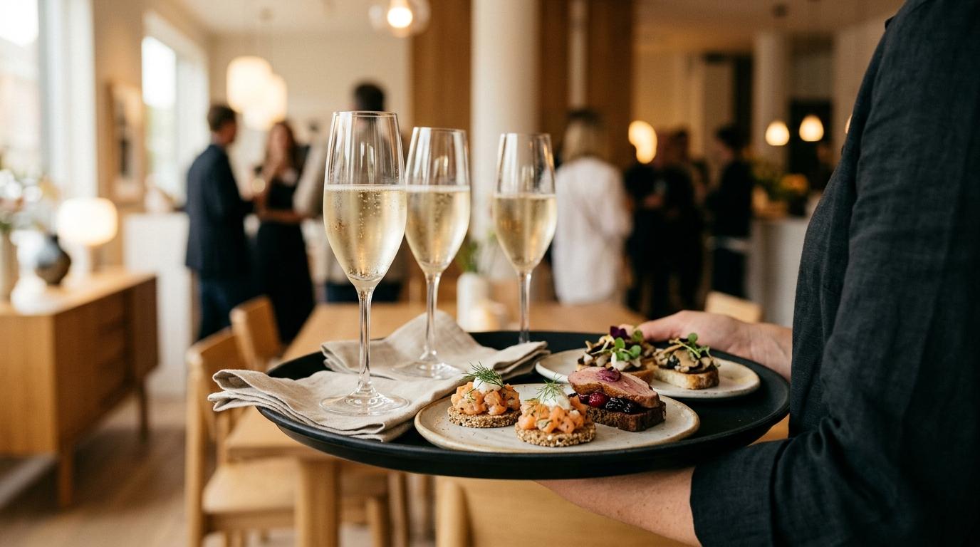 Bandeja negra con canapés de un bocado y copas de cava en una recepción de inauguración, fondo desenfocado