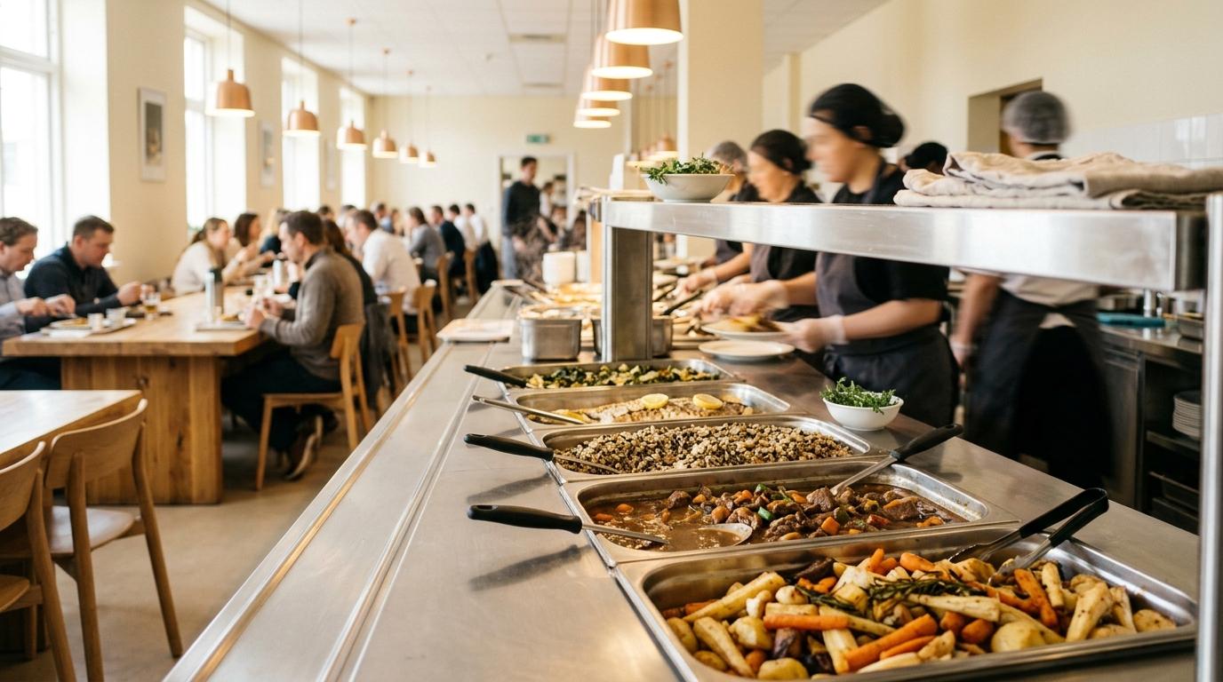 Línea de buffet en bandejas de acero en un comedor de personal luminoso, con guiso y verduras asadas