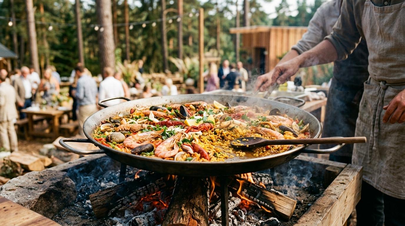 Paellera grande con marisco cocinándose sobre fuego de leña al aire libre, invitados desenfocados detrás
