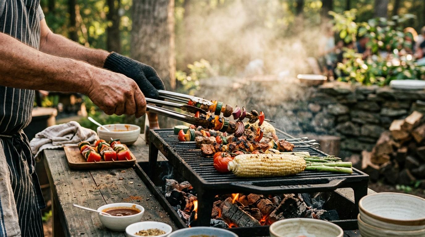 Manos con guante asando brochetas, mazorcas y espárragos sobre una parrilla de carbón al aire libre