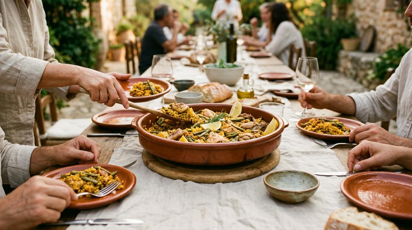 Mesa larga al aire libre con paella en cazuela de barro y comensales sirviéndose con cuchara