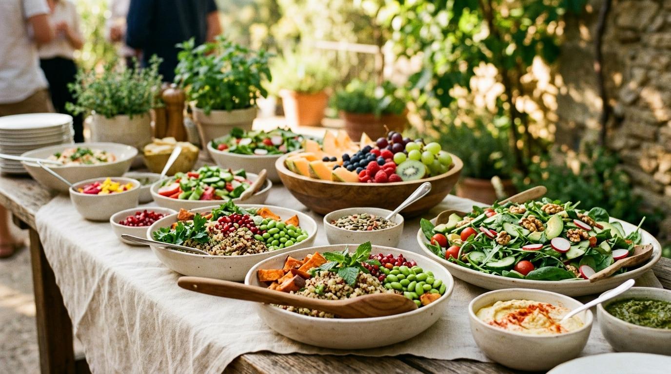 Mesa de bufé saludable con bowls de quinoa, ensaladas verdes, fruta fresca y hummus