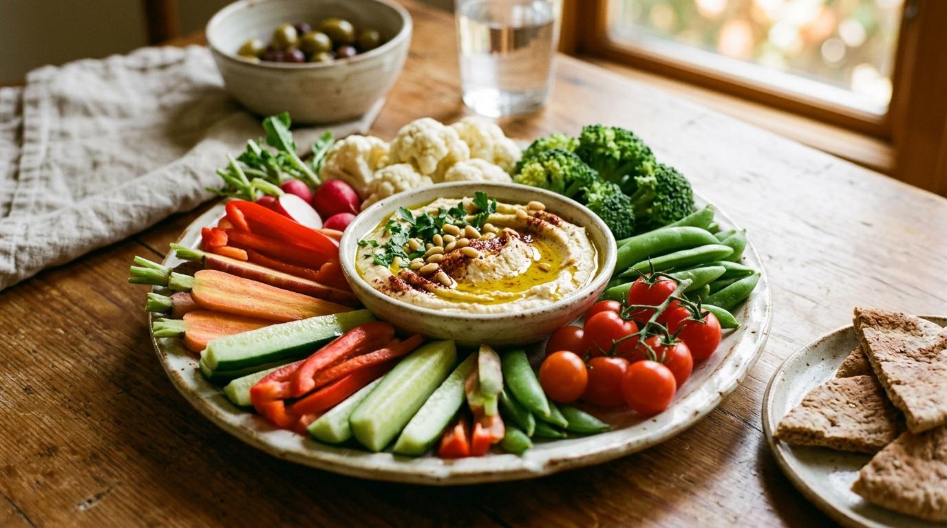 Plato de crudités con zanahoria, pepino y brócoli alrededor de un bol de hummus con piñones
