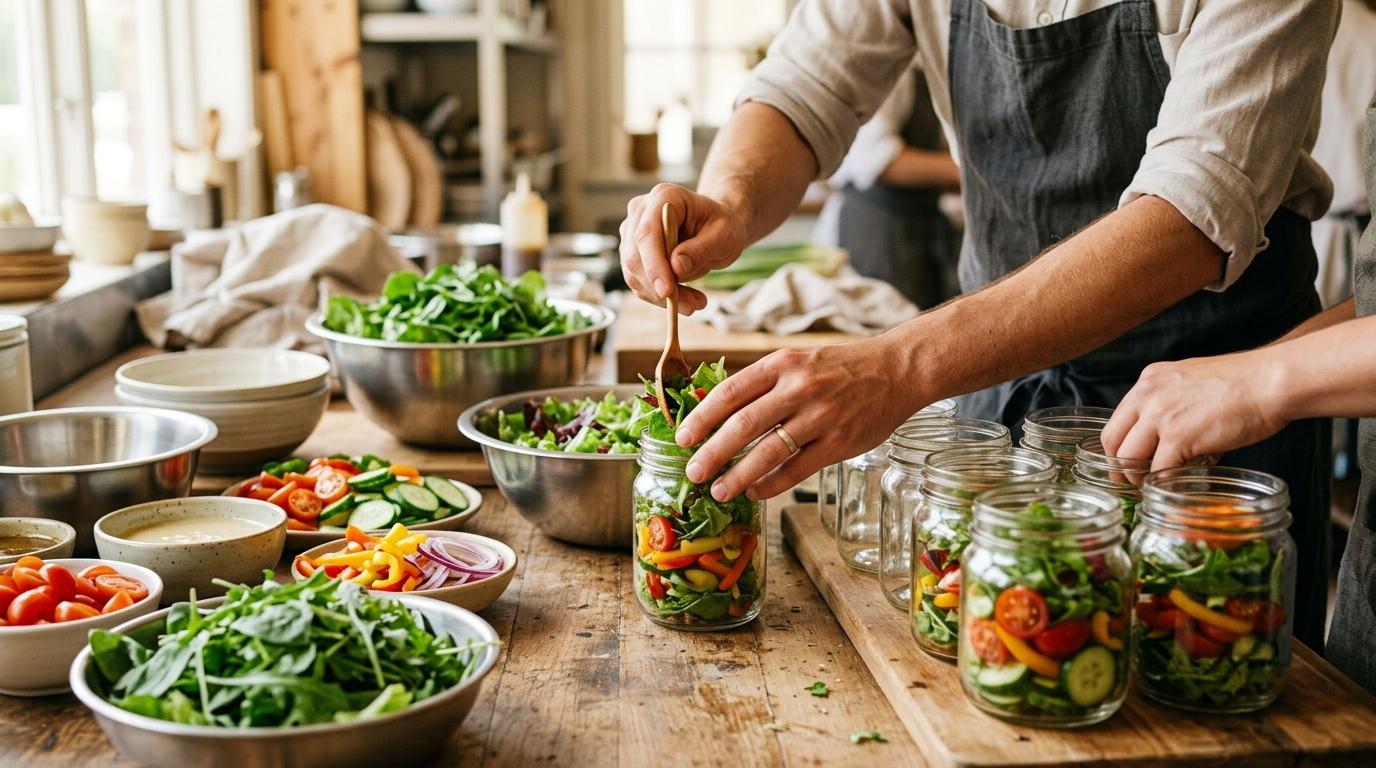 Manos preparando ensaladas en tarros de cristal con capas de verduras sobre una mesa de trabajo