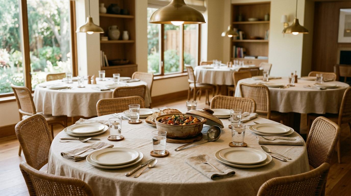 Comedor comunitario con mesas redondas puestas con mantel, vajilla y un guiso servido en cazuela de barro