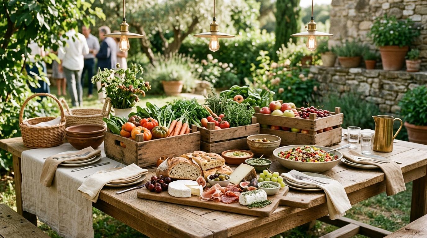 Mesa de jardín con cajas de verduras de temporada, tabla de quesos y ensalada bajo luces colgantes