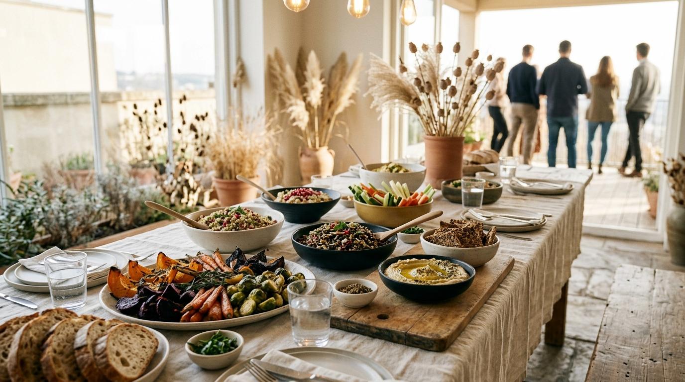 Buffet vegetal con verduras asadas, ensaladas de grano, hummus y pan sobre mantel de lino, invitados desenfocados en una terraza al fondo