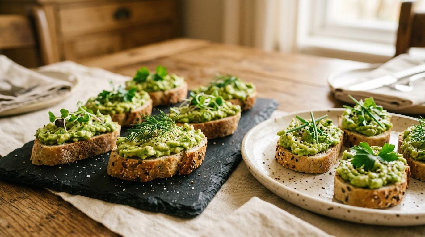 Tostas de pan de semillas con aguacate y hierbas frescas sobre una pizarra y un plato de cerámica
