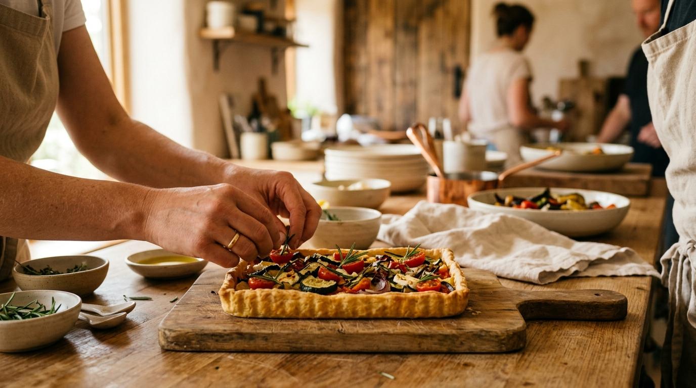 Manos colocando romero sobre una tarta de verduras asadas en una tabla de madera