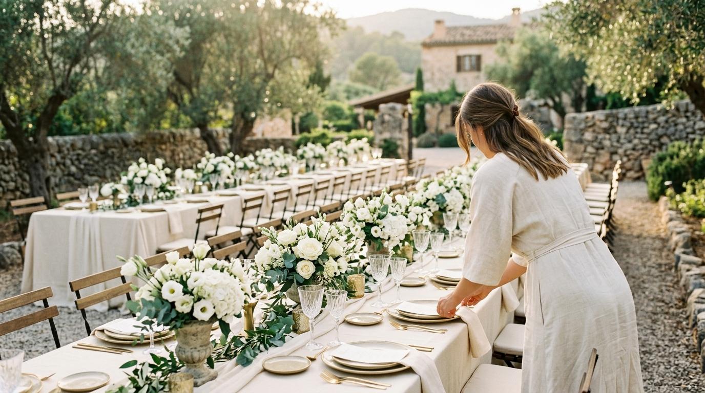 Mujer de espaldas ajustando la mesa de un banquete de boda con flores blancas y mantelería