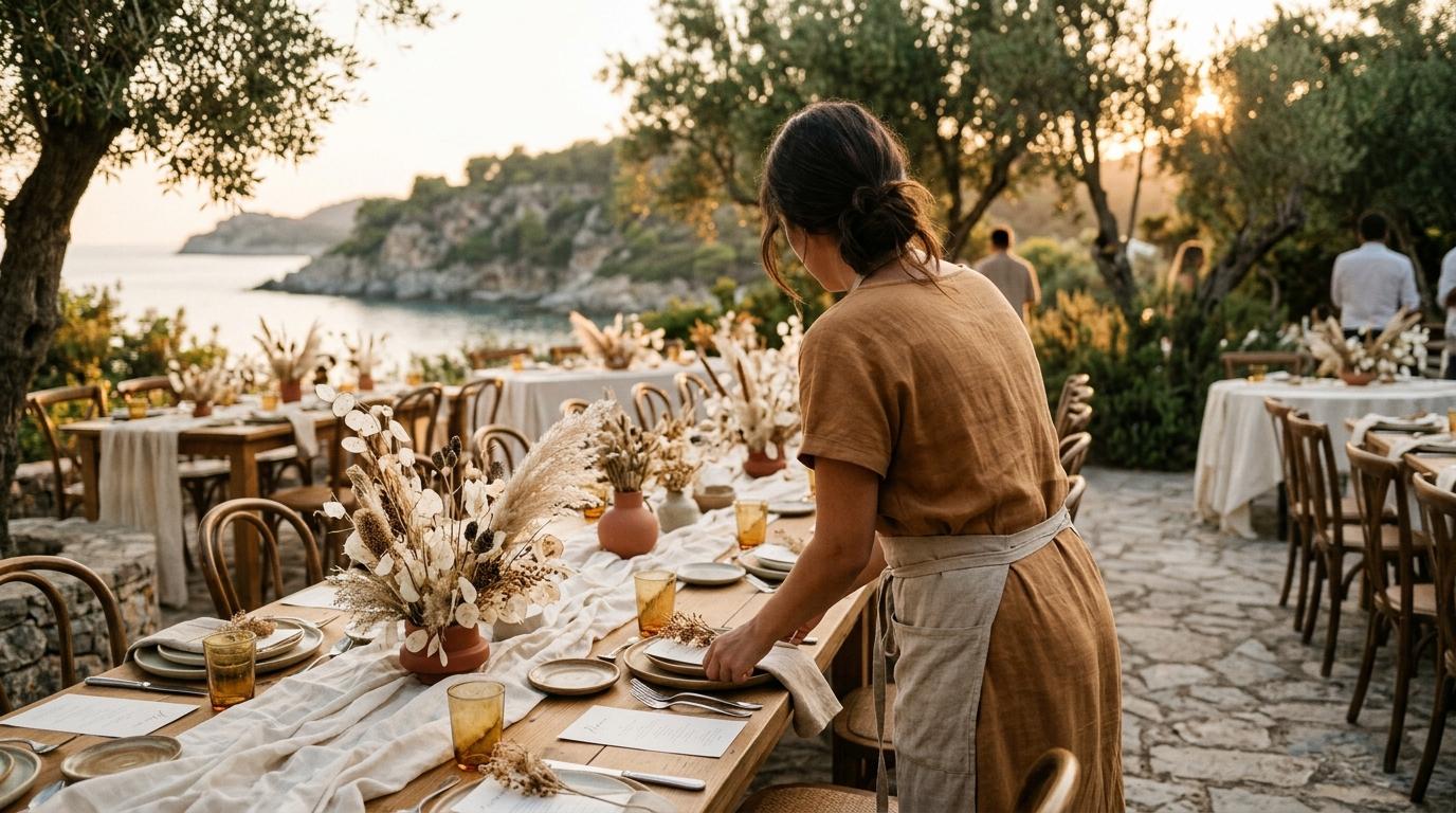 Mujer de espaldas preparando una mesa de boda con flores secas junto al mar al atardecer