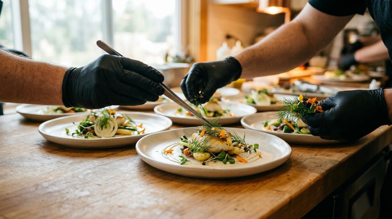 Manos con guantes negros usando pinzas para emplatar pescado y verduras en varios platos