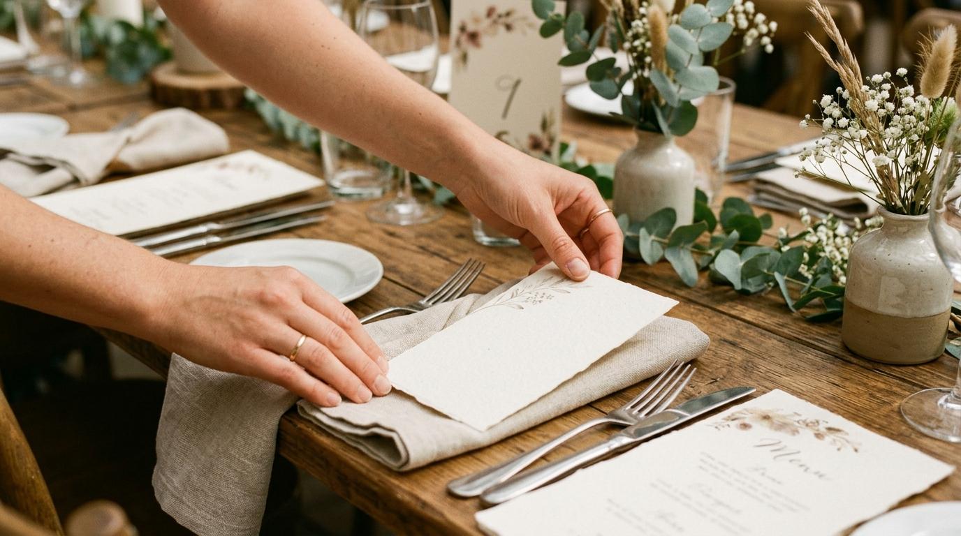 Manos colocando una tarjeta de menú sobre una servilleta de lino en una mesa de boda con flores