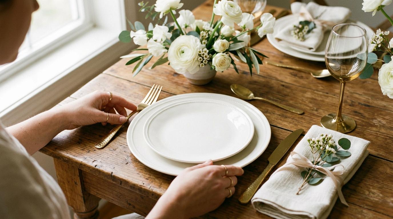 Manos colocando platos y cubertería dorada en una mesa de boda con rosas blancas y ranúnculos
