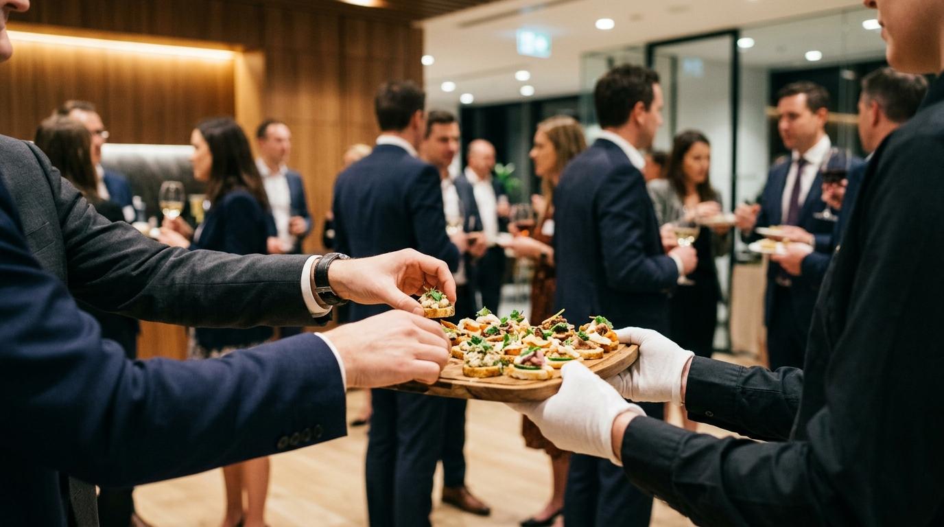 Manos cogiendo canapés de una bandeja en un cóctel de empresa