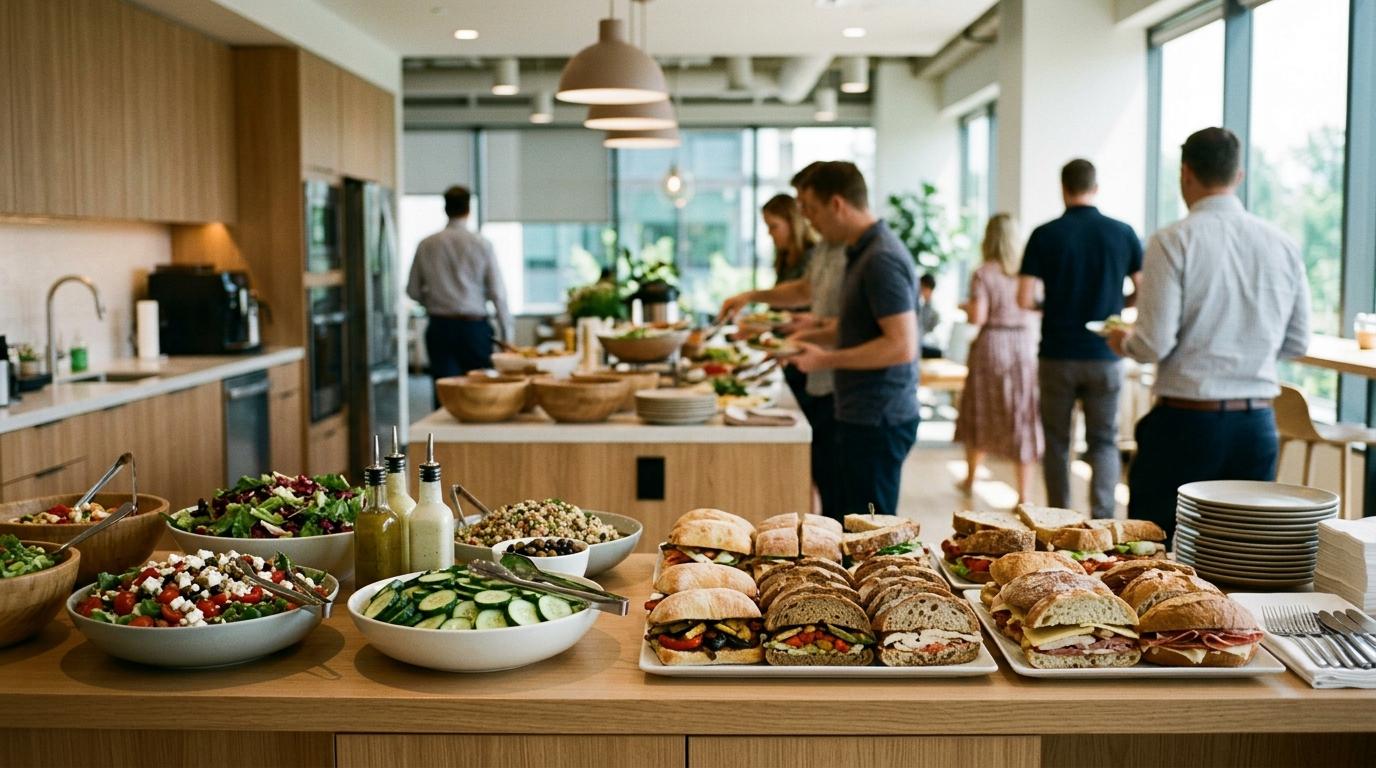 Buffet de comida corporativa con ensaladas y bocadillos en la cocina de una oficina