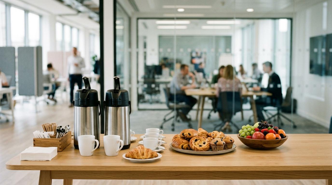 Mesa de coffee break en una oficina moderna con termos, tazas, bollería y fruta