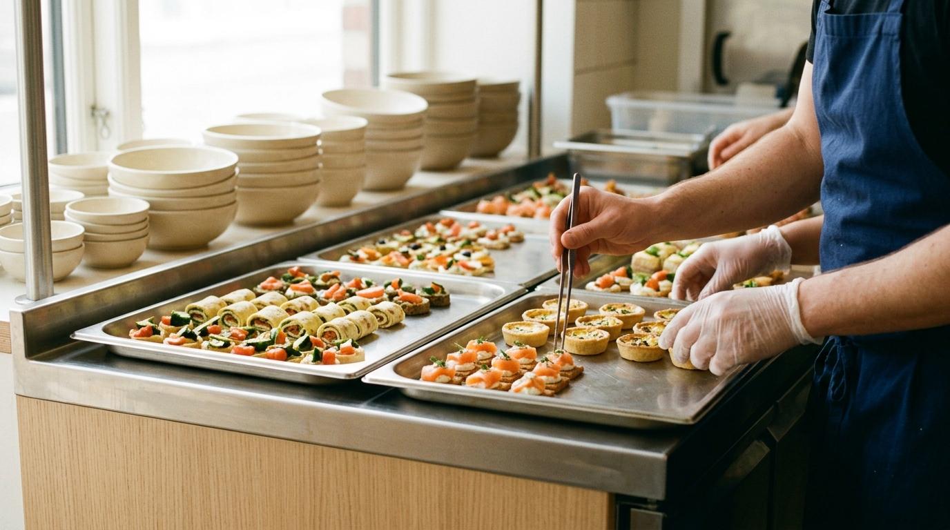 Manos racionando bandejas de canapés en filas en una cocina de catering