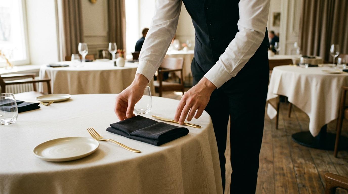 Camarero colocando cubiertos y servilletas en mesas redondas de un salón pequeño