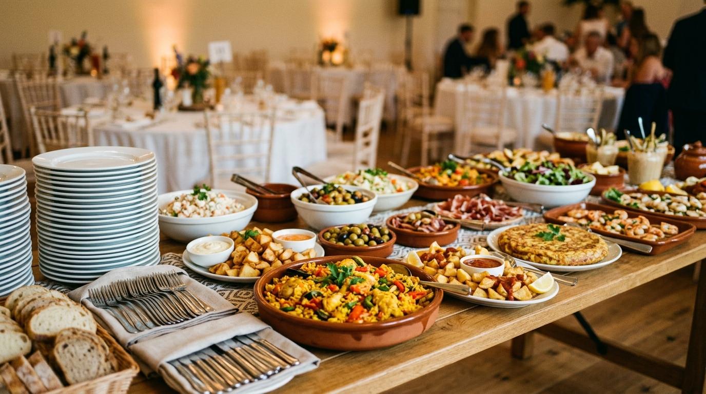 Buffet de celebración con paella, tortilla y platos variados para un grupo mediano