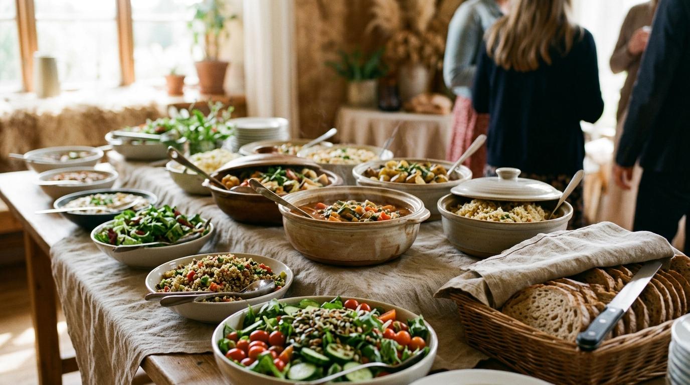 Buffet de catering con ensaladas y guisos en cazuelas de cerámica