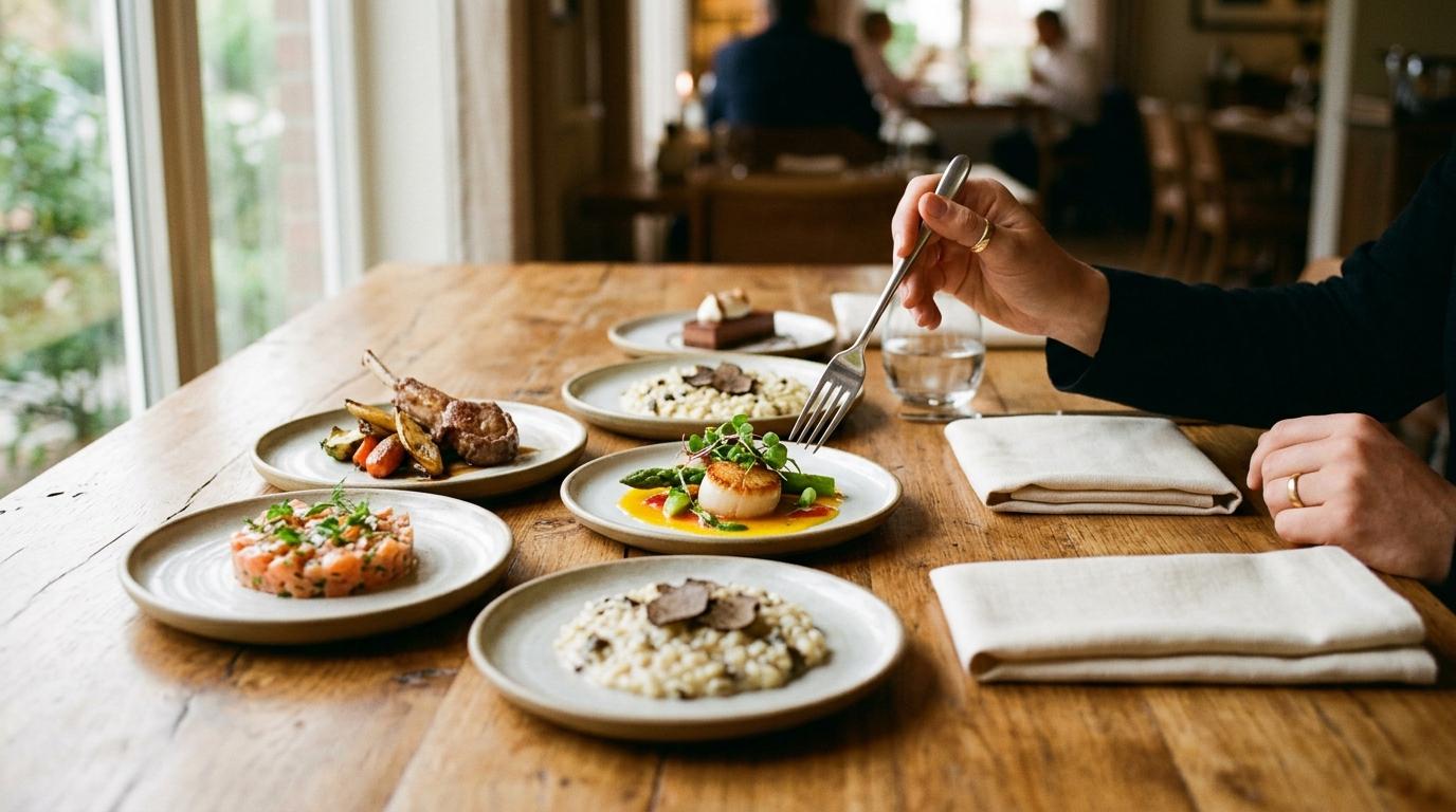 Prueba de menú de catering con varios platos emplatados sobre mesa de madera