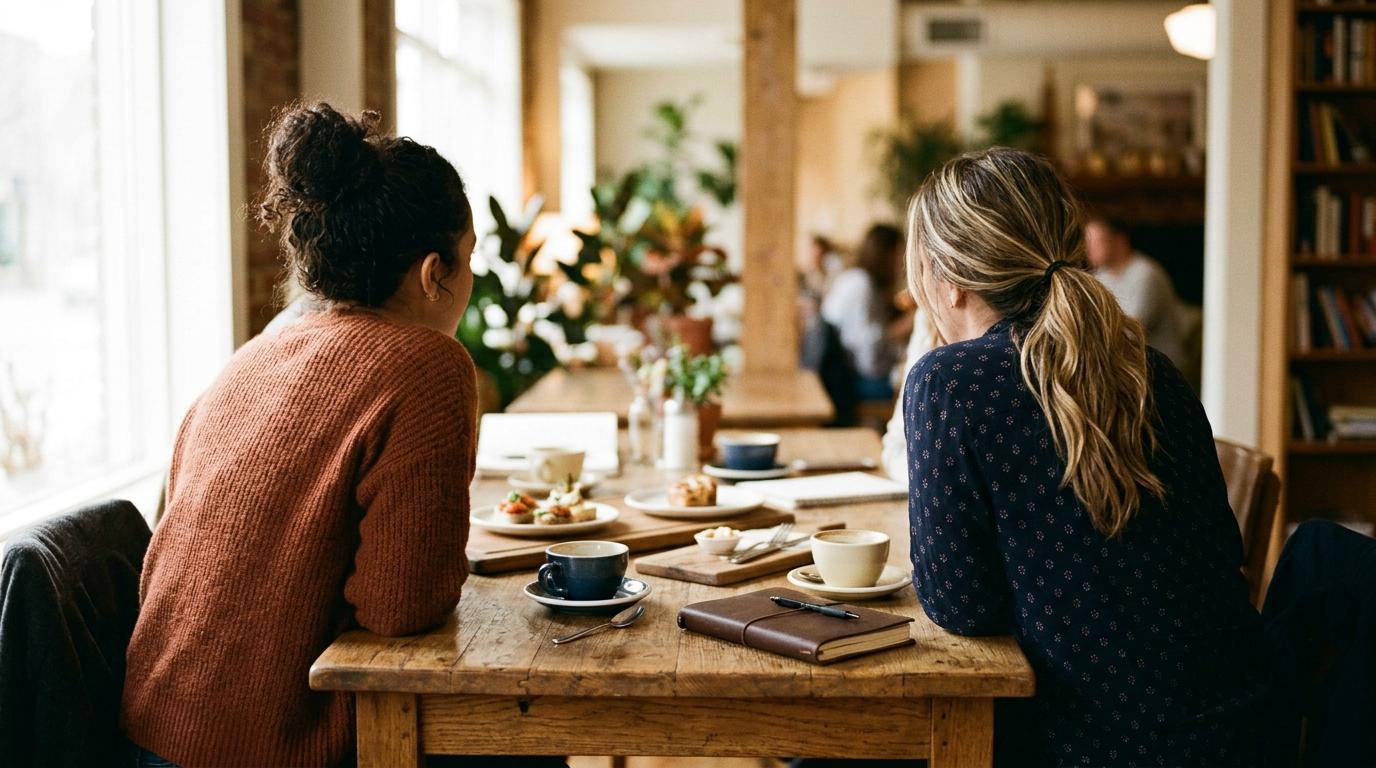 Dos personas de espaldas en una mesa de madera con cafés, aperitivos y una libreta