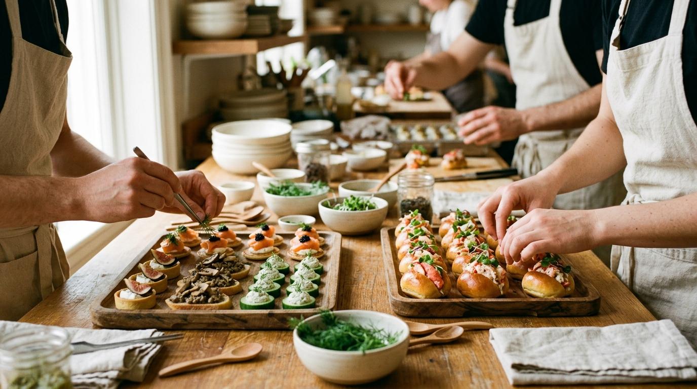 Manos de un equipo de catering preparando bandejas de canapés
