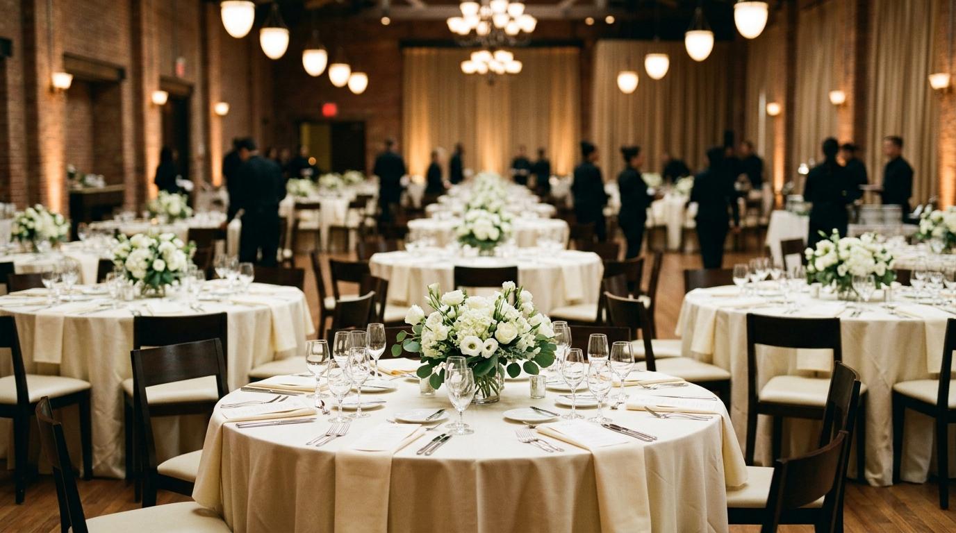 Salón de eventos con mesas redondas montadas para un banquete