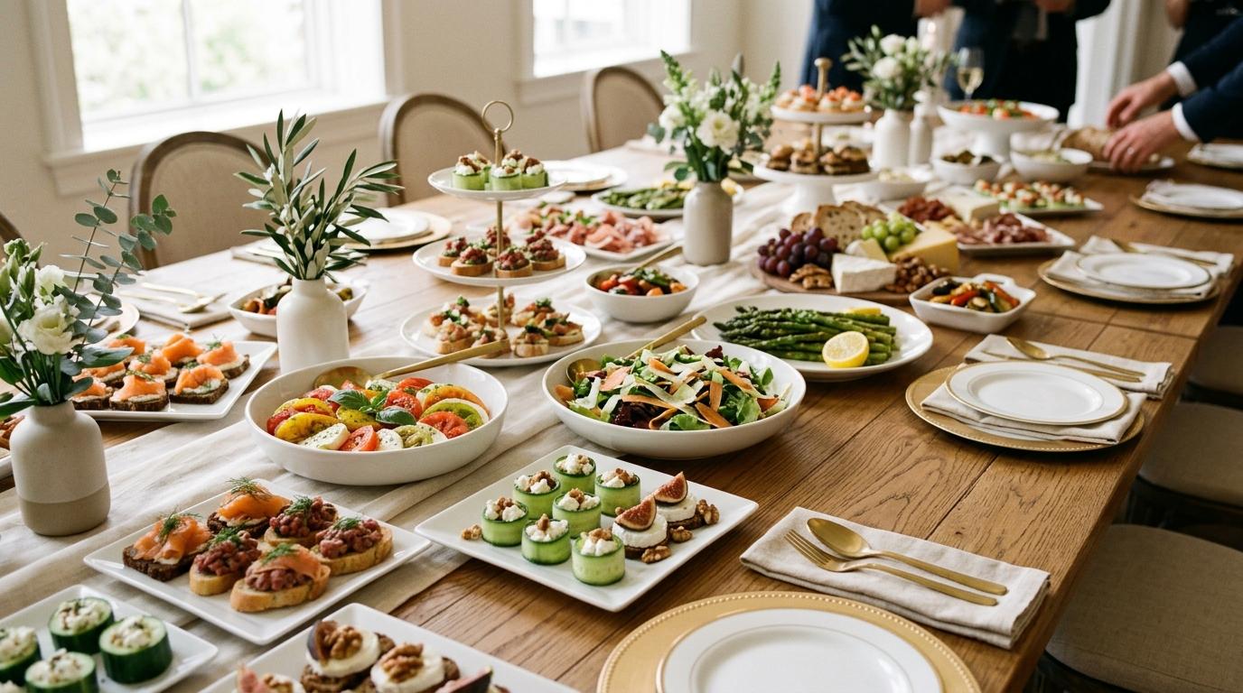Mesa de catering con canapés, ensaladas y platos variados en un evento
