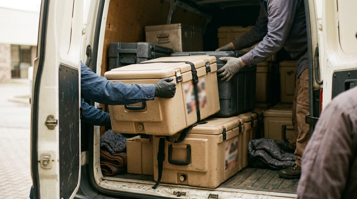 Equipo de catering cargando cajas isotérmicas en una furgoneta de reparto