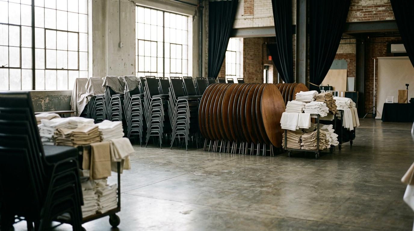 Sala de eventos vacía con sillas apiladas, tableros redondos y mantelería antes del montaje