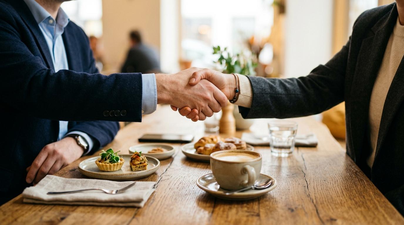Apretón de manos sobre una mesa de madera con platos de degustación de catering