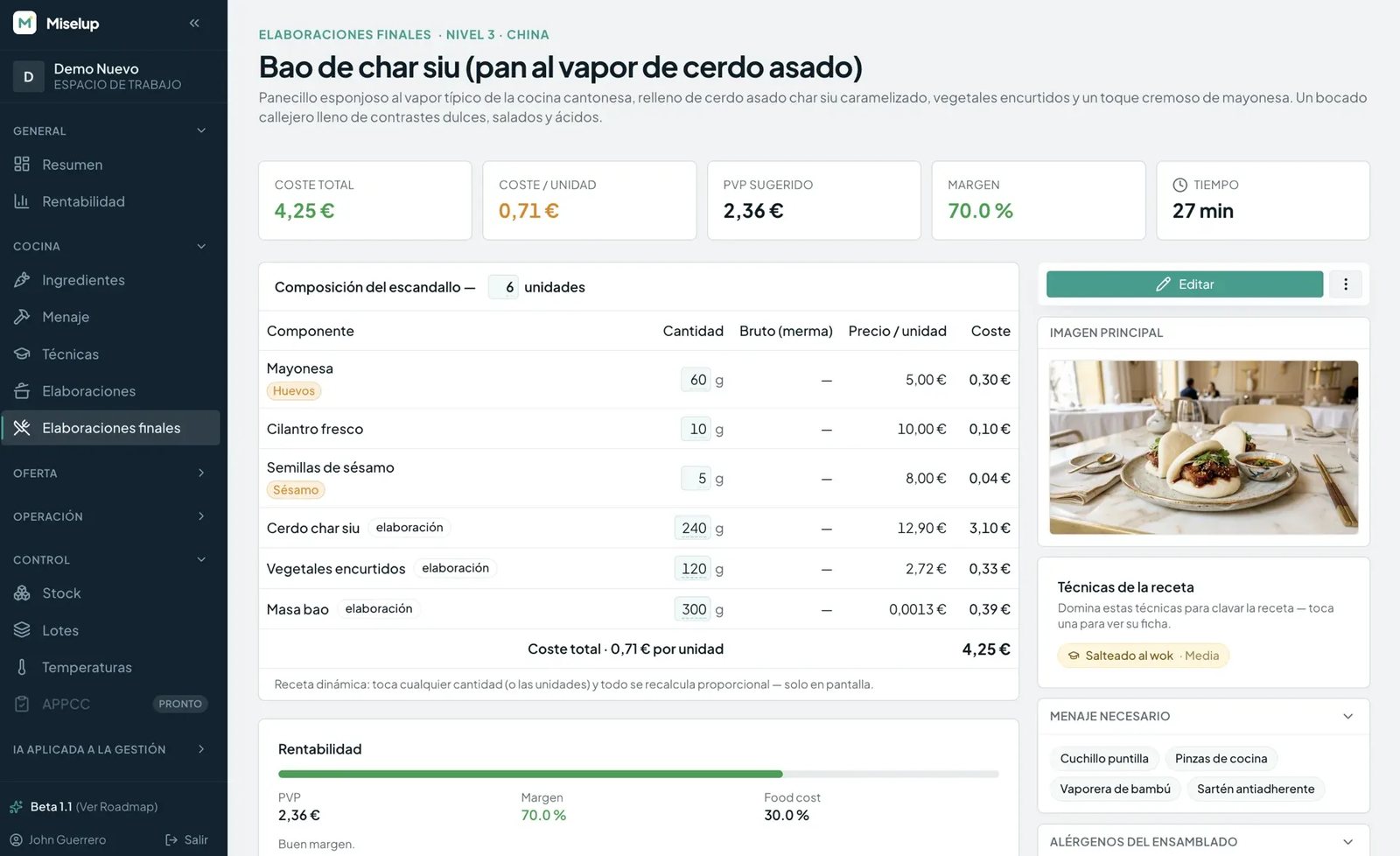 Escandallo de una elaboración final en Miselup: cada componente con su cantidad, merma, precio por unidad y coste, los alérgenos marcados por ingrediente y el coste total, el PVP sugerido y el margen arriba