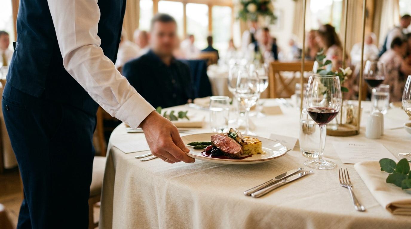Camarero sirviendo un plato emplatado en una mesa de banquete de boda