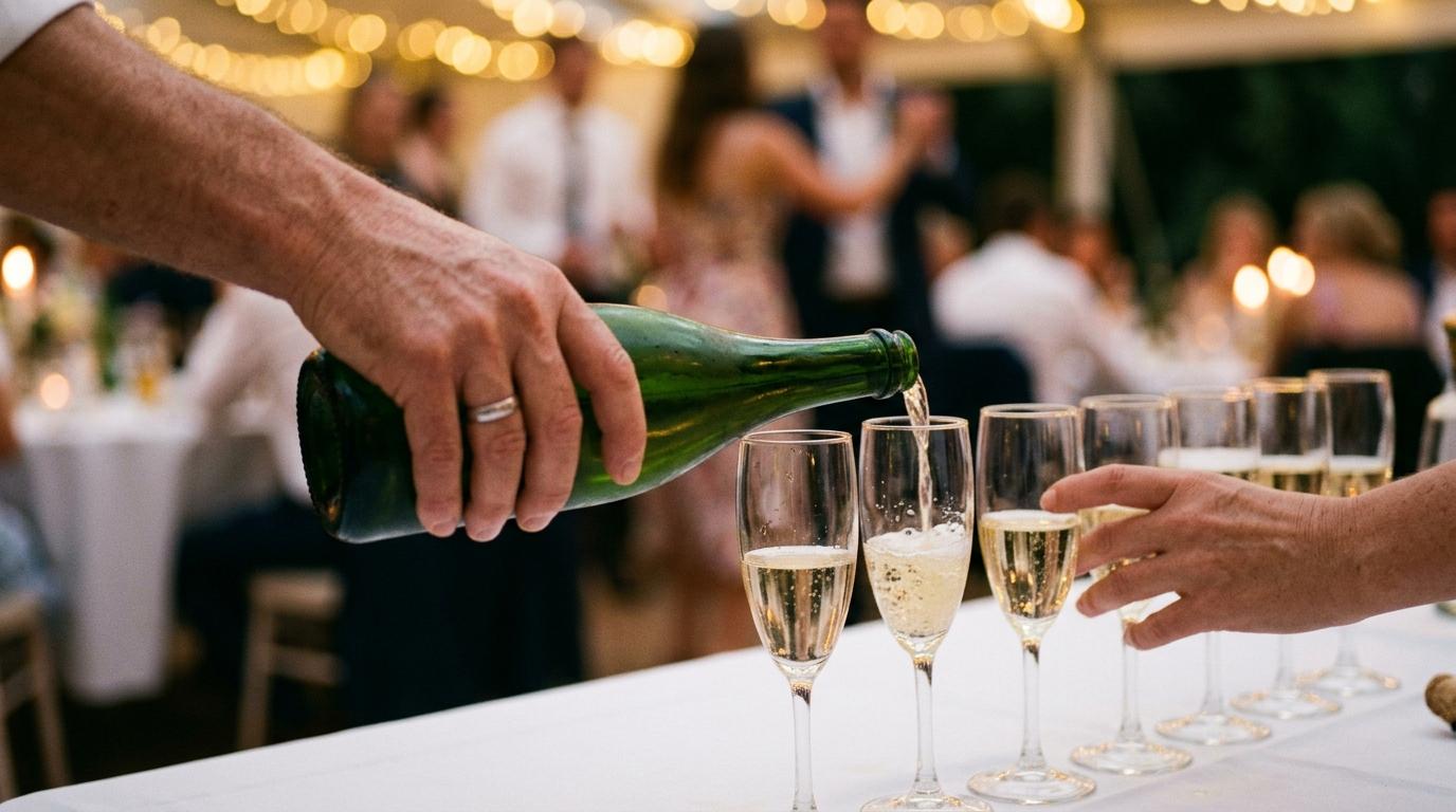 Copas de cava siendo servidas en una recepción de boda