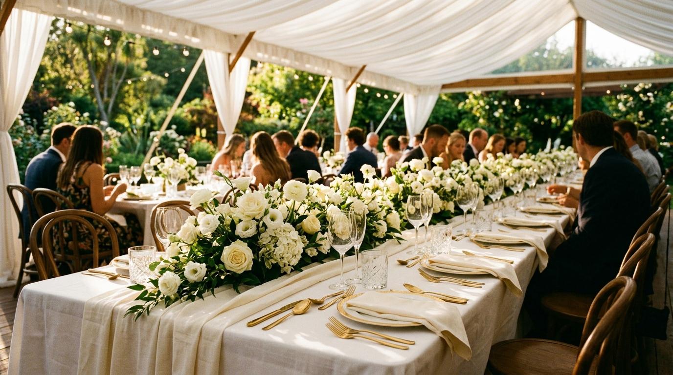 Mesa larga de banquete de boda bajo una carpa blanca con flores y cubertería dorada