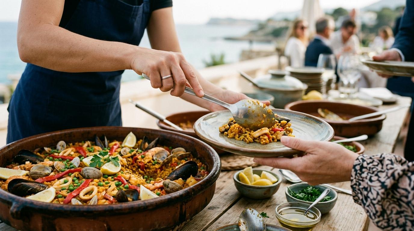 Camarero sirviendo una ración de paella con mejillones y gambas junto al mar