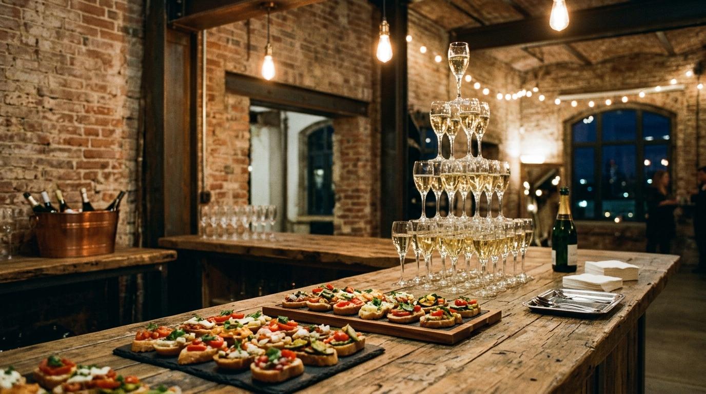 Torre de copas de cava junto a tostas gourmet en una barra de ladrillo visto de noche